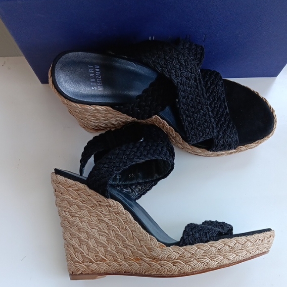 Stuart Weitzman Alex Nero Crochet Black  Woven Wedges Sandals 9.5 M - Picture 4 of 16